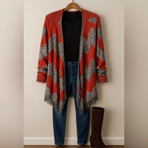 Vanity Open Front Chevron Knit Cardigan Sweater Fringe Red Black White Women XL